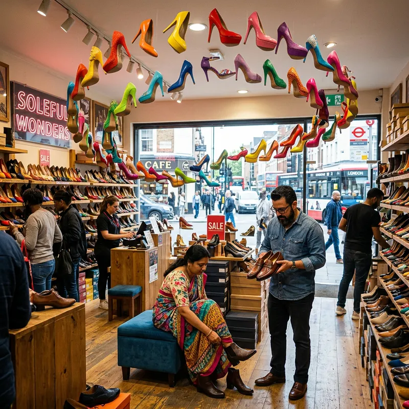 Captivating High Heel Shoes Levitating Over Bustling Shoe Store Captivating High Heel Shoes Levitating Over Bustling Shoe Store