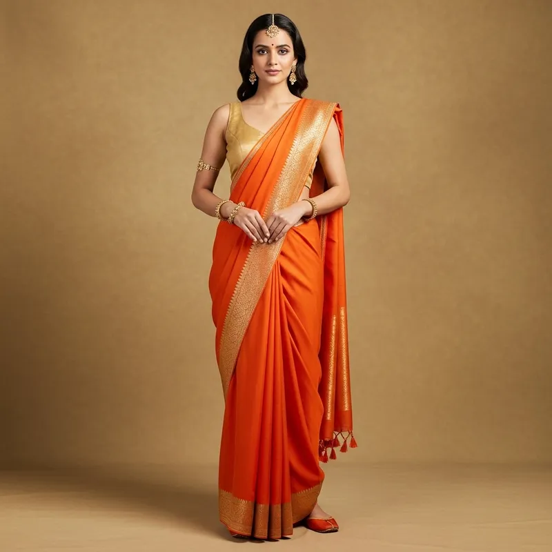Elegant Flame Orange Saree with Gold Accents