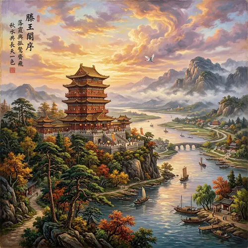 Landscape Painting Inspired by Prince Teng's Pavilion