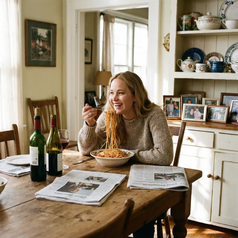Jennifer Lawrence Enjoys Pasta at Dining Table