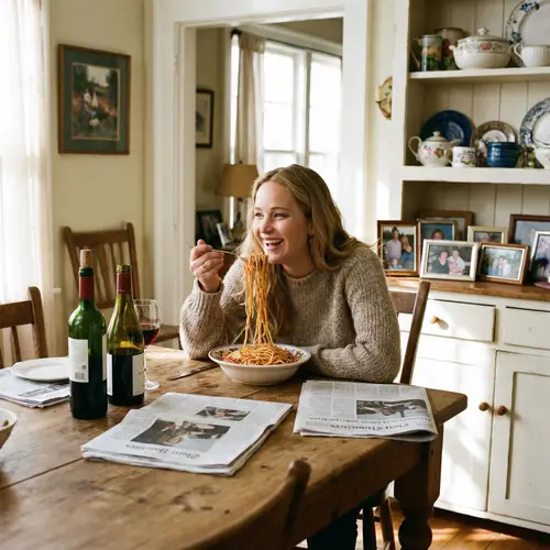 Jennifer Lawrence Enjoys Pasta at Dining Table