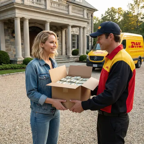 Jennifer Lawrence Receives Cash from DHL Driver