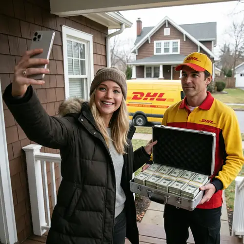 Jennifer Lawrence Receives Cash Briefcase from DHL