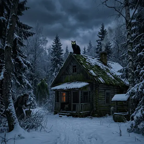 Eerie Old House in Winter Forest with Mythical Entities