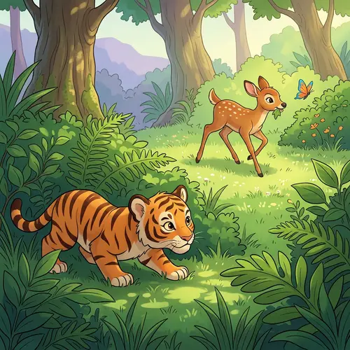 Juvenile Tiger Hunting Scene: Hidden Predator & Playful Prey