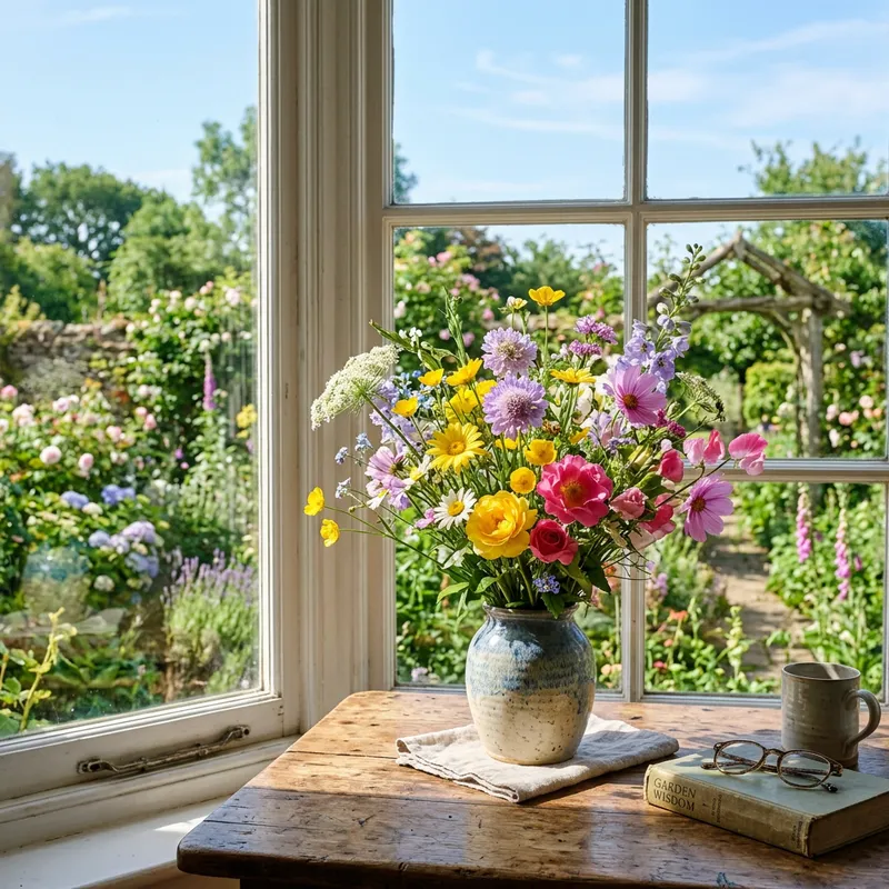Tranquil Wildflower Bouquet on Rustic Wooden Table Tranquil Wildflower Bouquet on Rustic Wooden Table