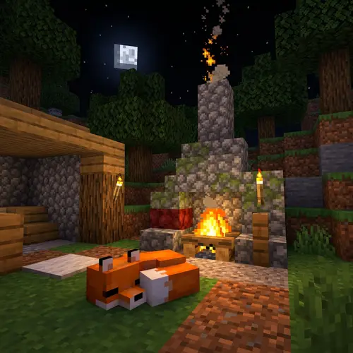 Minecraft Fox Sleeping Near Fireplace - Pixelated Scenery