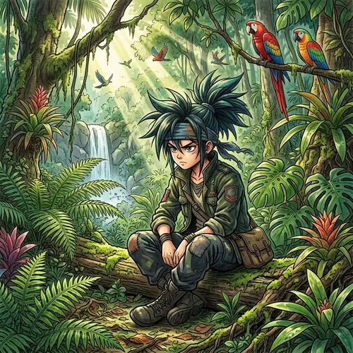 Serious Anime Character in Jungle - Artistic Illustration