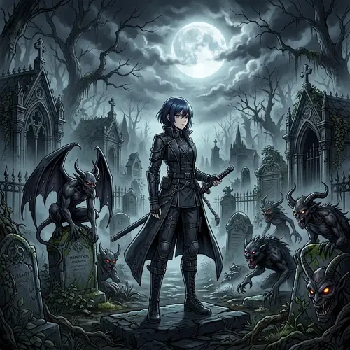 Anime Character Surrounded by Demons in Graveyard | Spectral Atmosphere