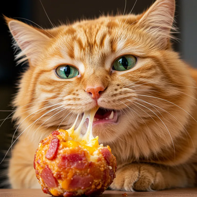 Chubby Cat Enjoying Cheesy Bacon Treat