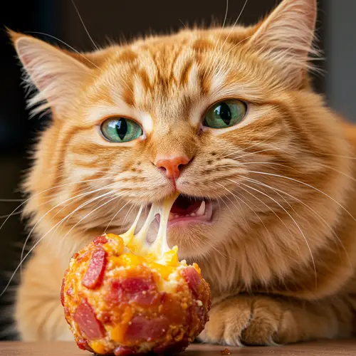 Chubby Cat Enjoying Cheesy Bacon Treat