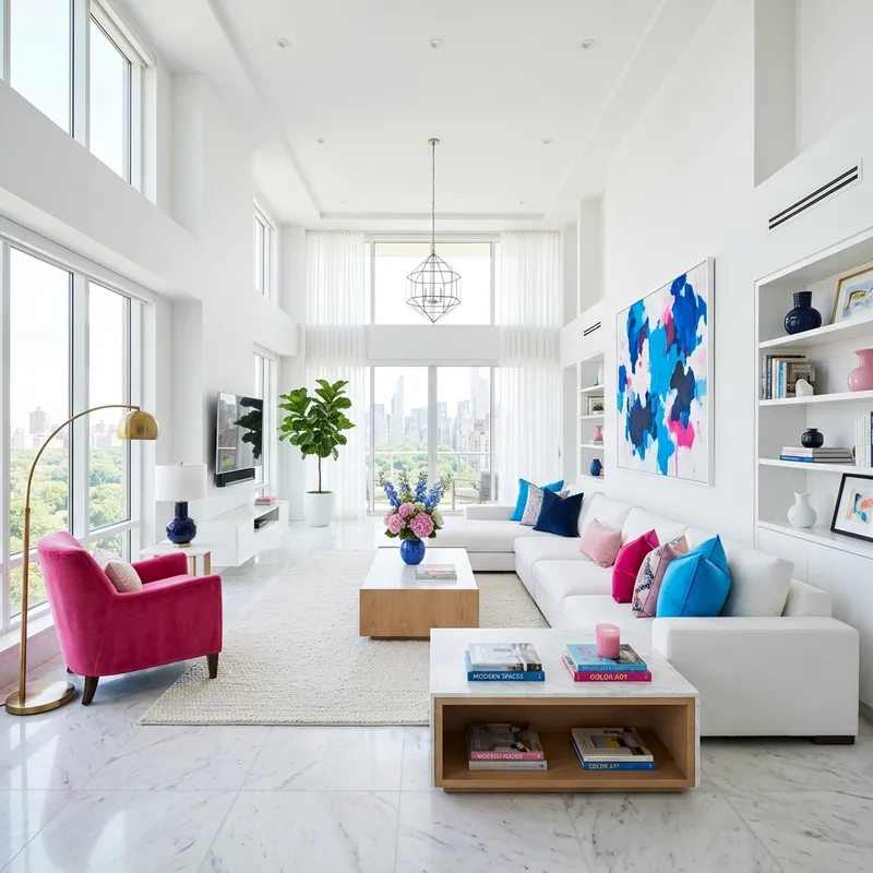 Contemporary White Living Room with Colorful Accents