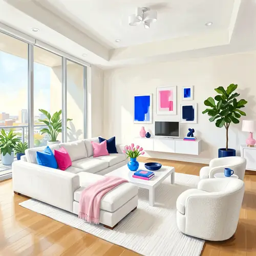 Modern Living Room with White Furniture and Colorful Accents