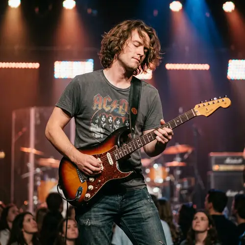 Brown Tousled Hair Man Playing Electric Guitar