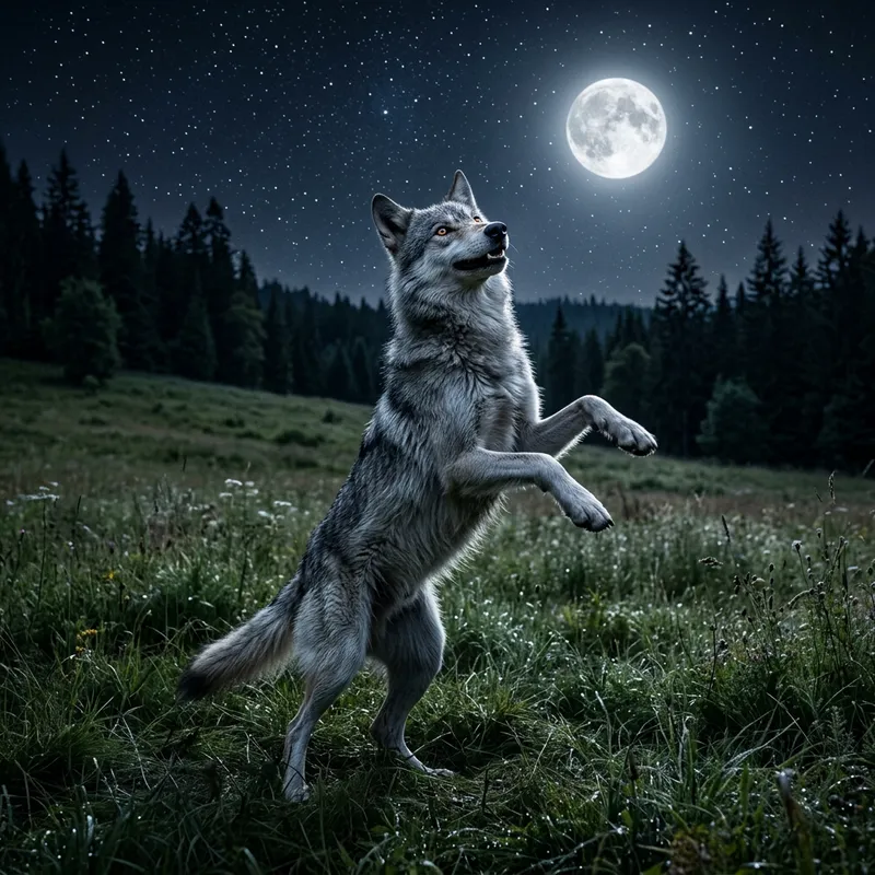 Dancing Gray Wolf Under Full Moon