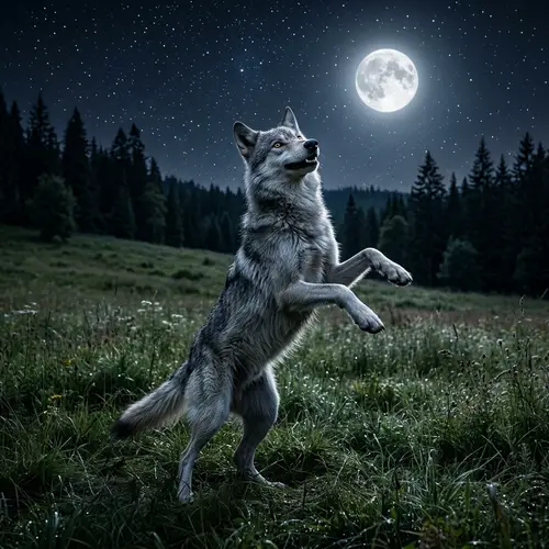 Dancing Gray Wolf Under Full Moon | Mystical Night Landscape