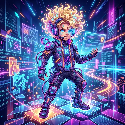 Futuristic Cyber Avatar with Blonde Curly Hair - Digital Design