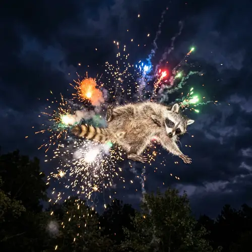 Acrobatic Raccoon Amid Bright Explosions