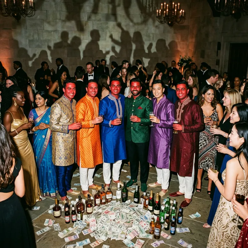 Colorful Figures Surrounded by Shadows, Money, Drinks, and Women Colorful Figures Surrounded by Shadows, Money, Drinks, and Women