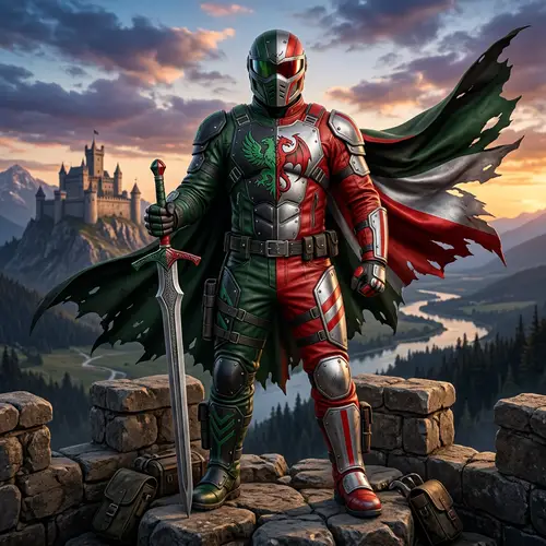 Symmetric Biker Style Character in Green, Black, Red, and Silver