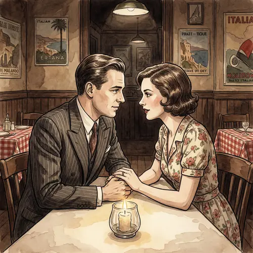 1940s Style Intimate Conversation in Italian Restaurant