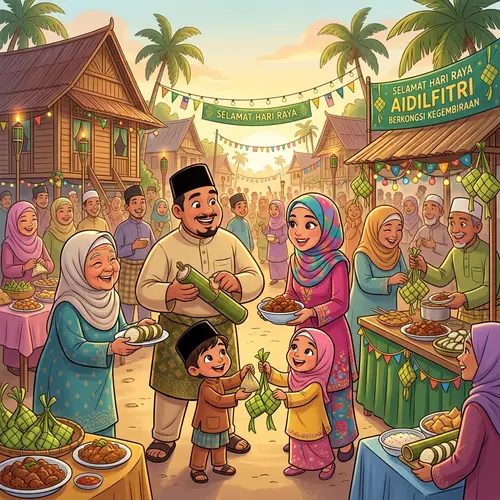 Joyful Muslim Family Celebrates Community with Lemang