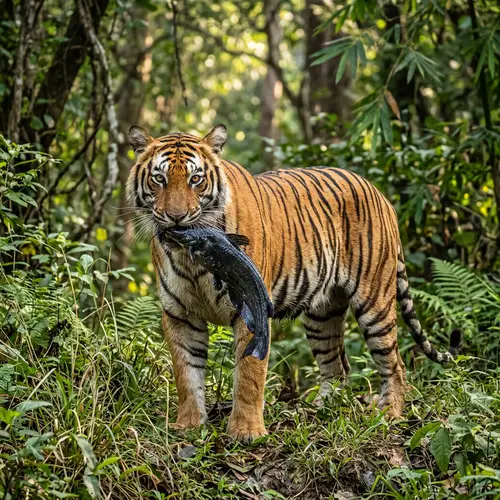 Majestic Tiger Holding Black Fish | Wildlife Jungle Scene