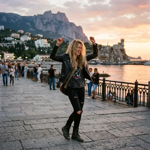 Female Rock Musician Dancing at Sunset in Yalta