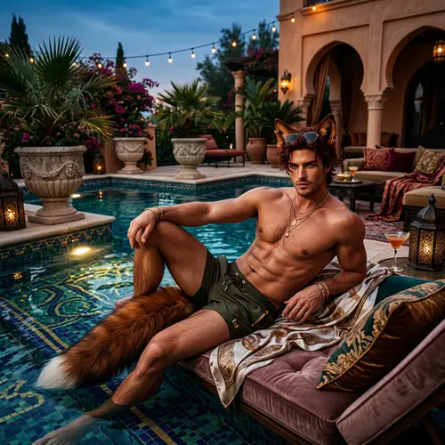 Male Fox Demi-Human Lounging by Luxurious Pool in High Fashion Style