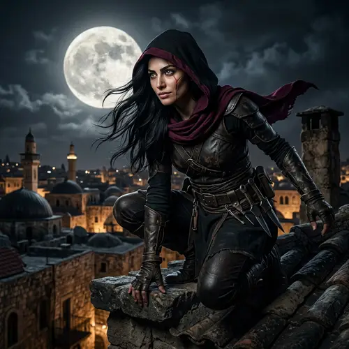 Mystical Woman on Rooftop: A Nighttime Visual