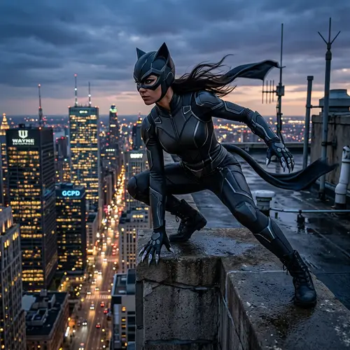 Cat-Themed Superhero Costume | Dynamic Pose on City Skyscraper