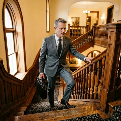 Professional man ascending wooden staircase symbolizing progress
