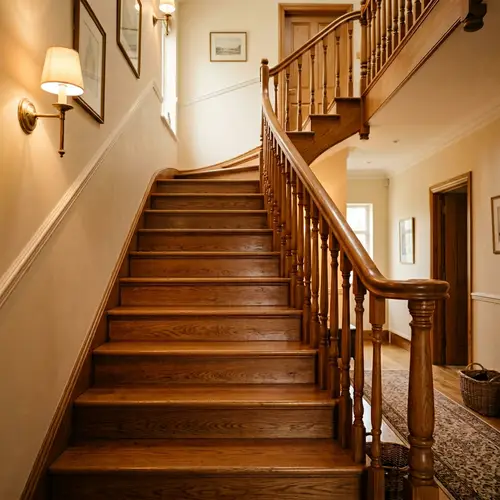 Polished Wooden Staircase with Warm Lighting
