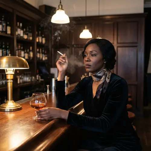 Elegant African Woman Enjoying Brandy and Cigarette at Dimly Lit Bar