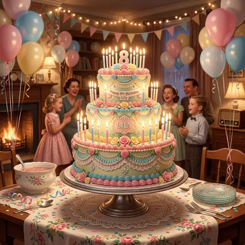 Detailed Three-Tiered Birthday Cake | Vintage 1950s Nostalgia