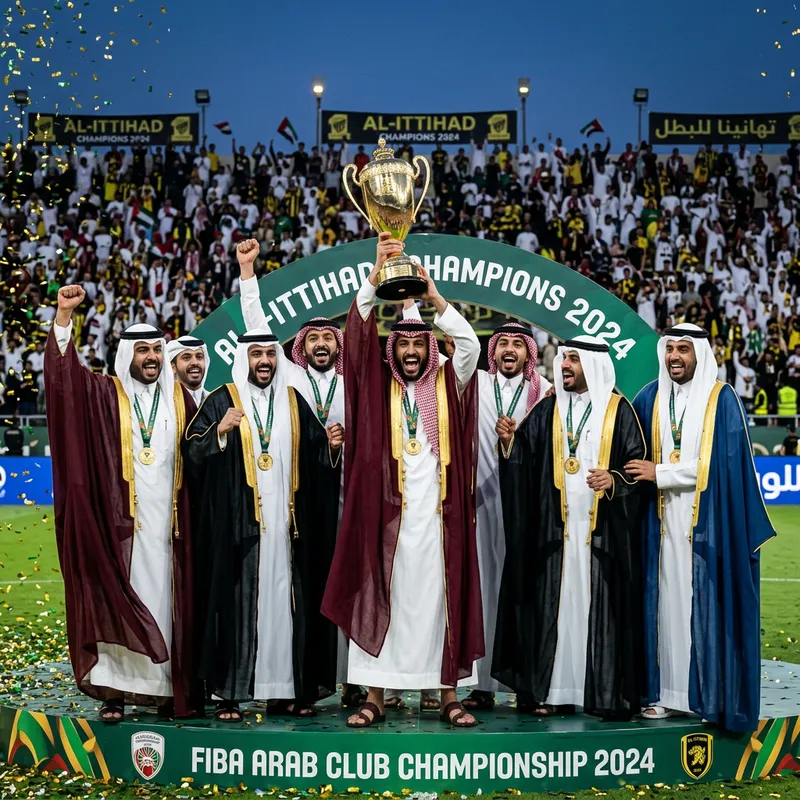 Arab Team Celebrating Victory with Traditional Cup