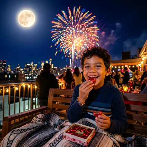 Hispanic Boy Enjoying Heart-Shaped Chocolates | Moonlit Delight
