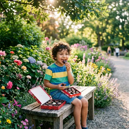 Young Hispanic Boy Enjoying Heart-Shaped Chocolates in Green Park