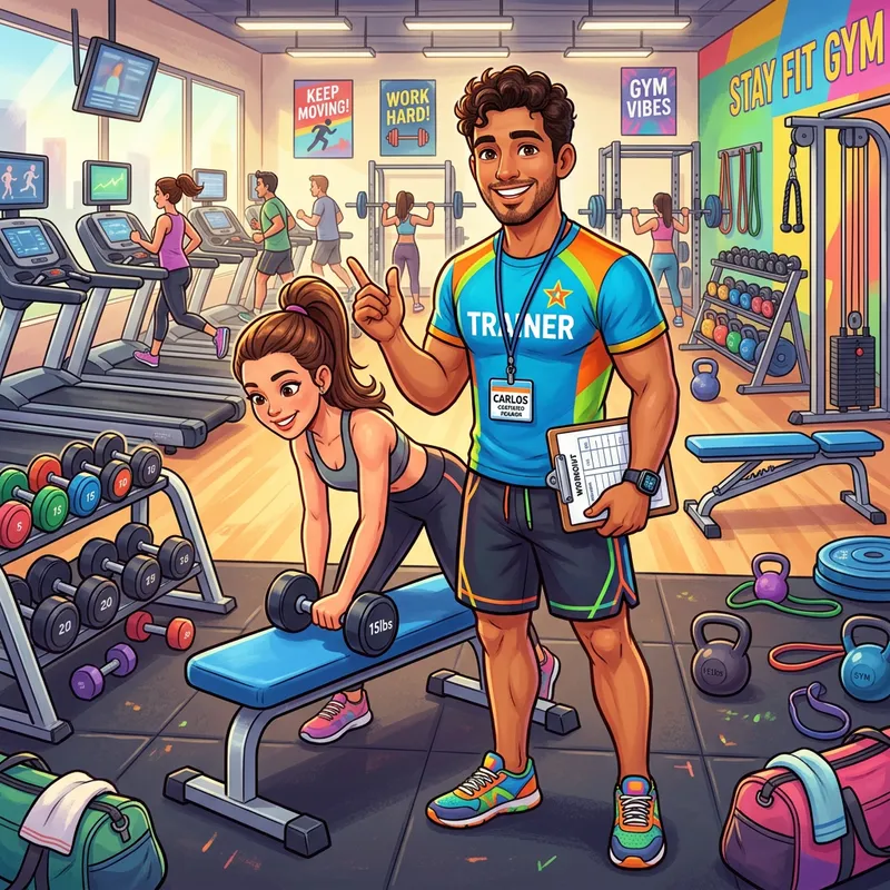 Friendly Cartoon Personal Trainer in a Gym