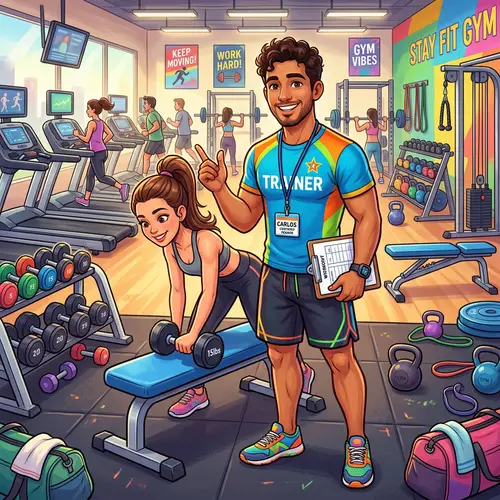 Friendly Cartoon Personal Trainer in a Gym
