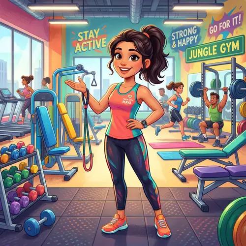 Vibrant Cartoon Fitness Trainer in 3D Gym Illustration
