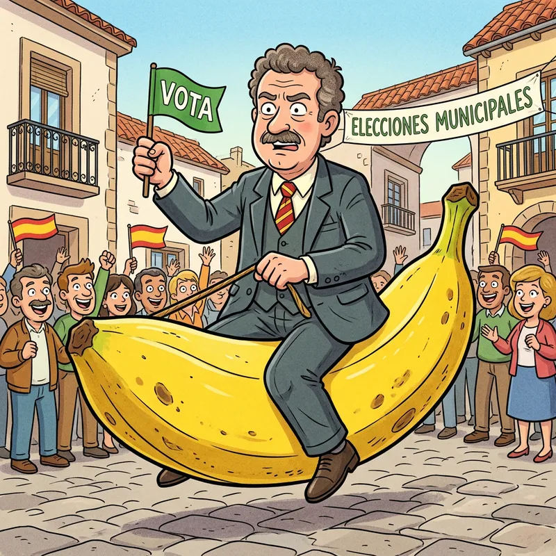 Spanish Politician Riding Banana in Cartoon Style