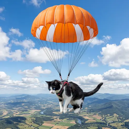 Cat Parachuting: Adorable Jet Black & White Furry Feline in Bright Orange Parachute