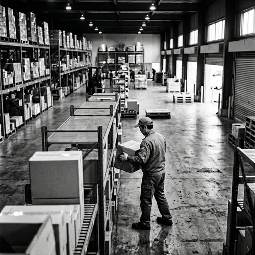Black and White Warehouse Landscape with Dedicated Asian Male Worker Holding Box