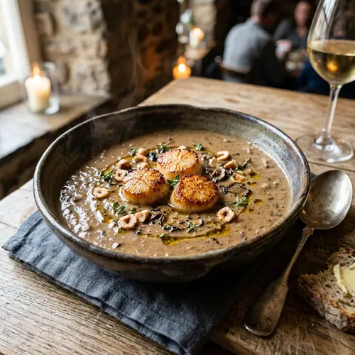 Delicious Cèpes Soup with Scallops and Truffle Oil