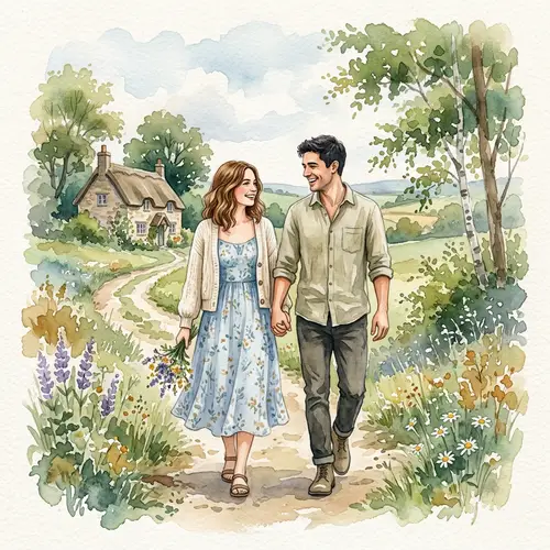 Young Couple Holding Hands Watercolor Painting