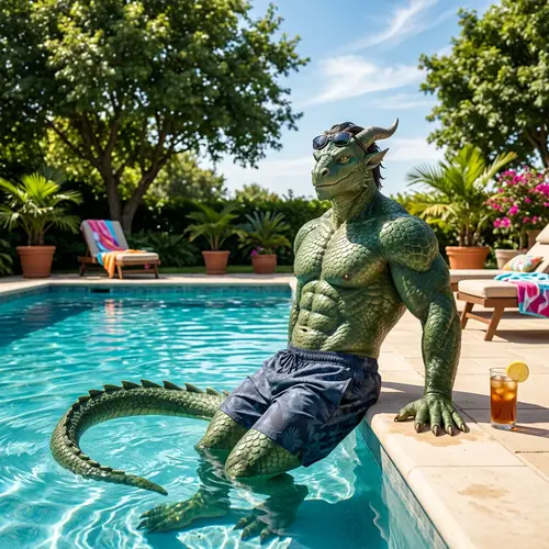 Male Dragon Demi-Human Lounging by Pool in 4K Resolution