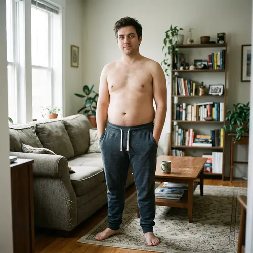 Pudgy Male in Sweatpants with Silver-Blue Eyes