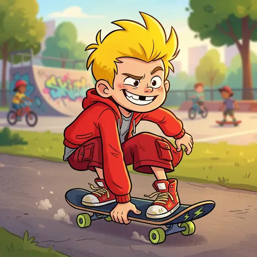 Mischievous Cartoon Character with Spiky Yellow Hair on Skateboard