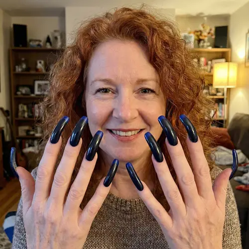 Unique 10-Inch Black Nails with Blue French Tips - Curly Redhead Lady